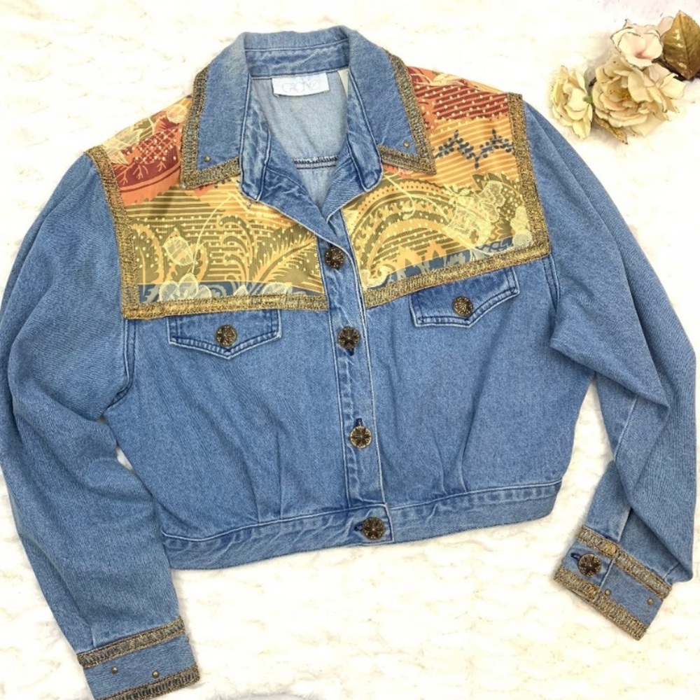 Vintage Cache Embellished Shimmer Trim Jean Jacket